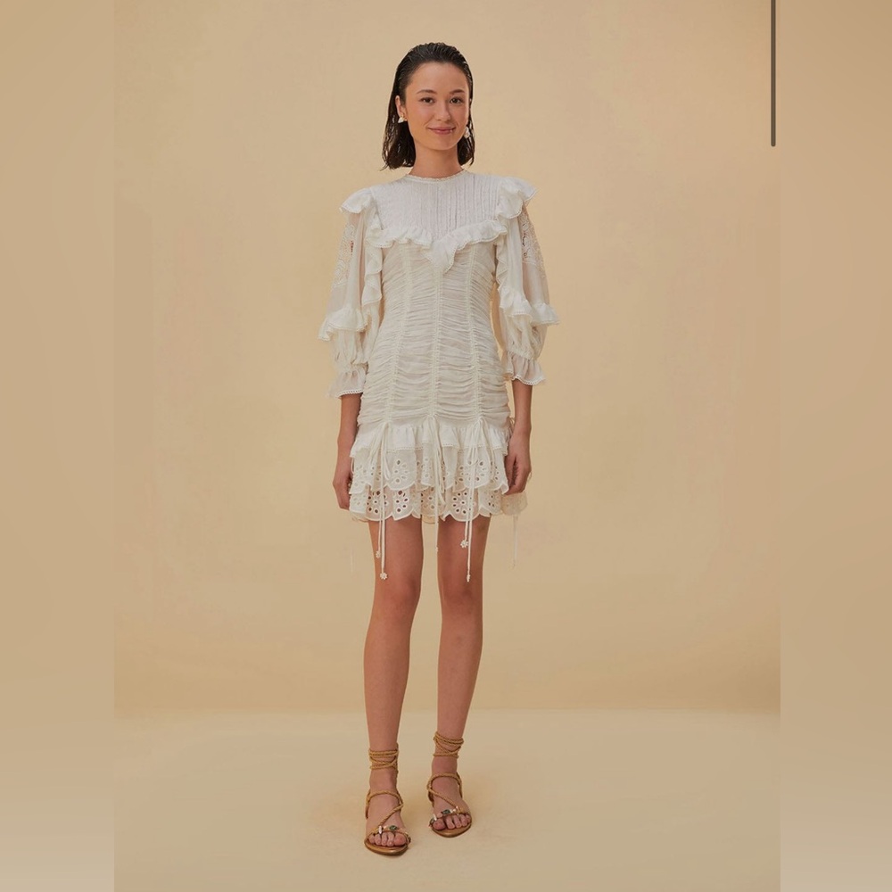 FARM Rio Cream Ruffled Eyelet Mini Dress